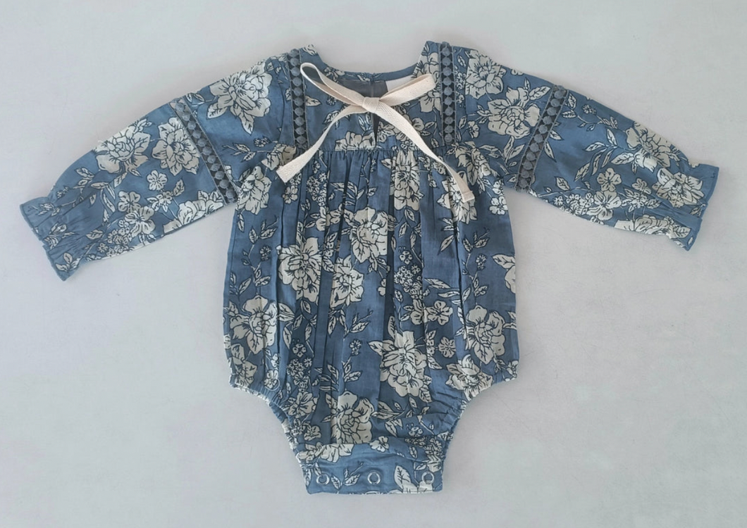Grey Floral Lace Long Sleeve Baby Romper