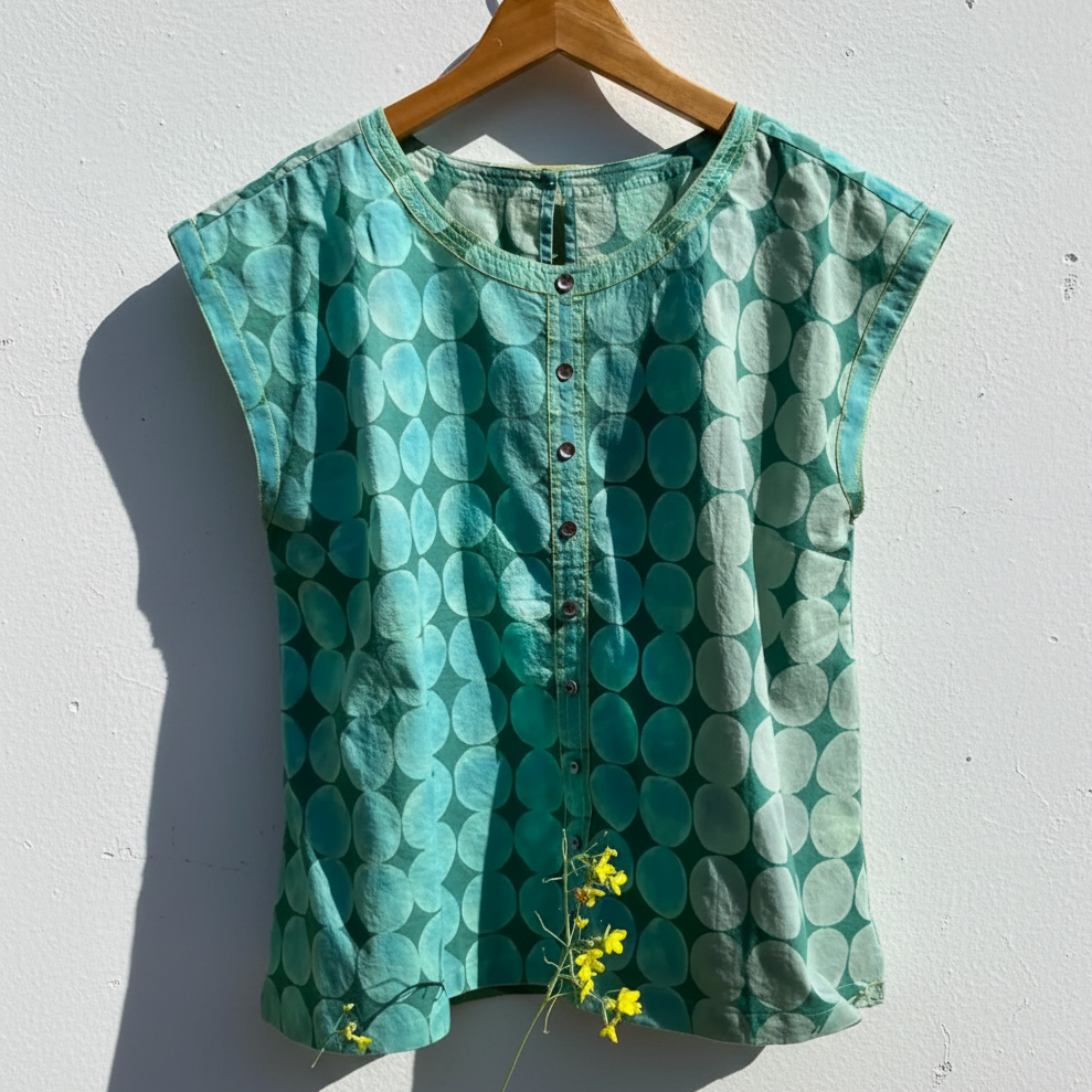 Blue patterned shirt on a wooden hanger against a wooden wall with yellow flowers.