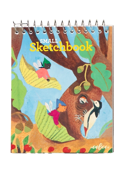 A small spiral-bound sketchbook with a colorful illustrated cover showing a tree, acorns, fairies, and birds. The cover text reads 'SMALL Sketchbook' and the brand 'eeboos' appears in the lower right corner.