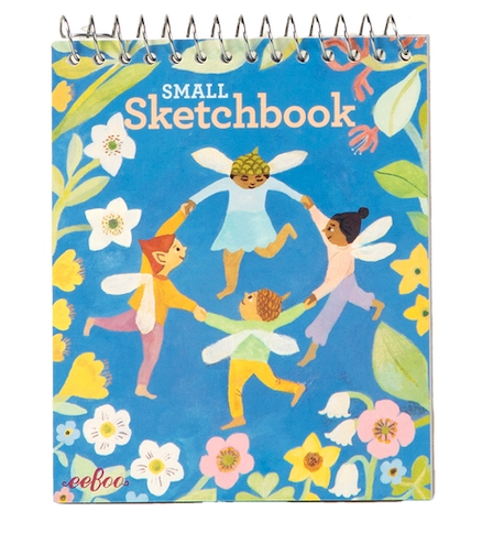 A small spiral-bound sketchbook with a colorful illustrated cover. The cover features the words 'SMALL Sketchbook' in white and yellow, with whimsical fairy characters holding hands on a bright blue background surrounded by flowers and leaves.