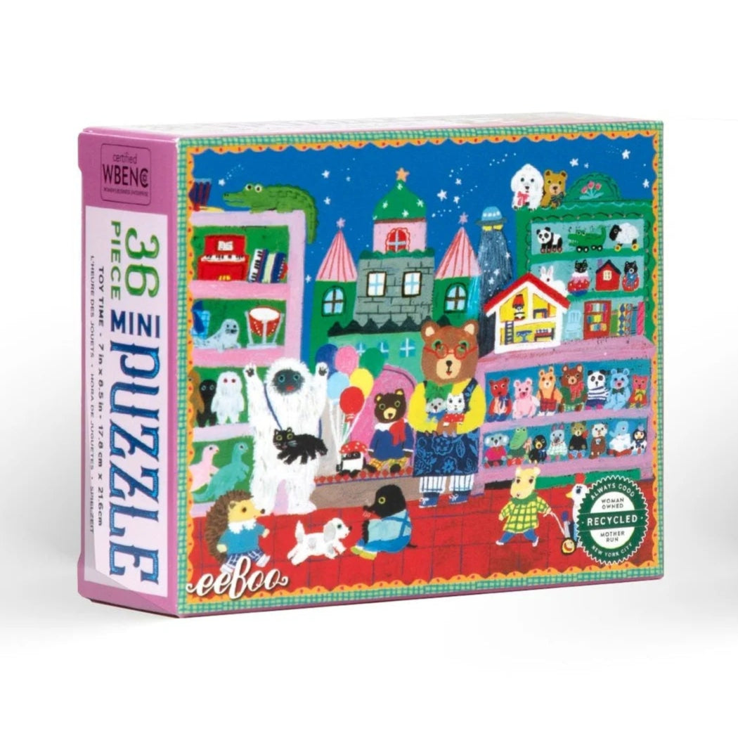 Four colorful puzzle boxes with illustrations of people and scenes on a white background