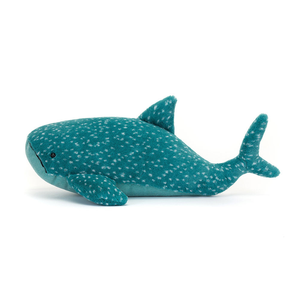 Side profile of Jellycat Gobfrey Whale Shark showing the full elongated teal body with white spots, dorsal fin, tail fin, and pectoral fin, on a white background