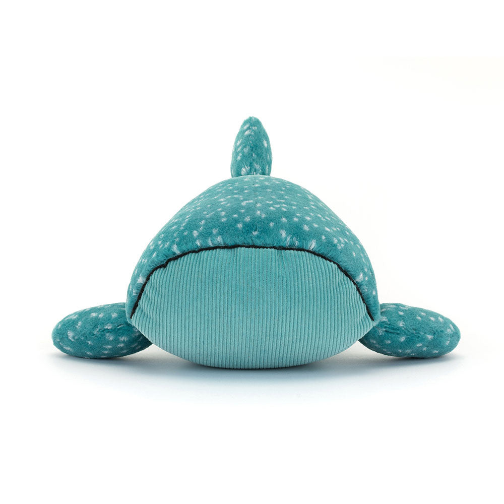 Front-on view of Jellycat Gobfrey Whale Shark showing the wide ribbed corduroy belly, teal spotted back, dorsal fin, and two pectoral fins spread outward, on a white background