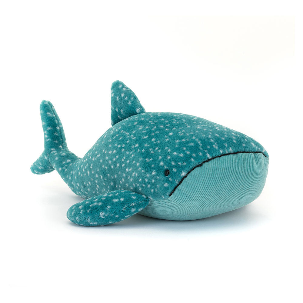Jellycat Gobfrey Whale Shark plush toy in teal with white spot detailing, a light blue ribbed corduroy belly, dorsal fin, pectoral fins, and a curved embroidered mouth, resting on a white background
