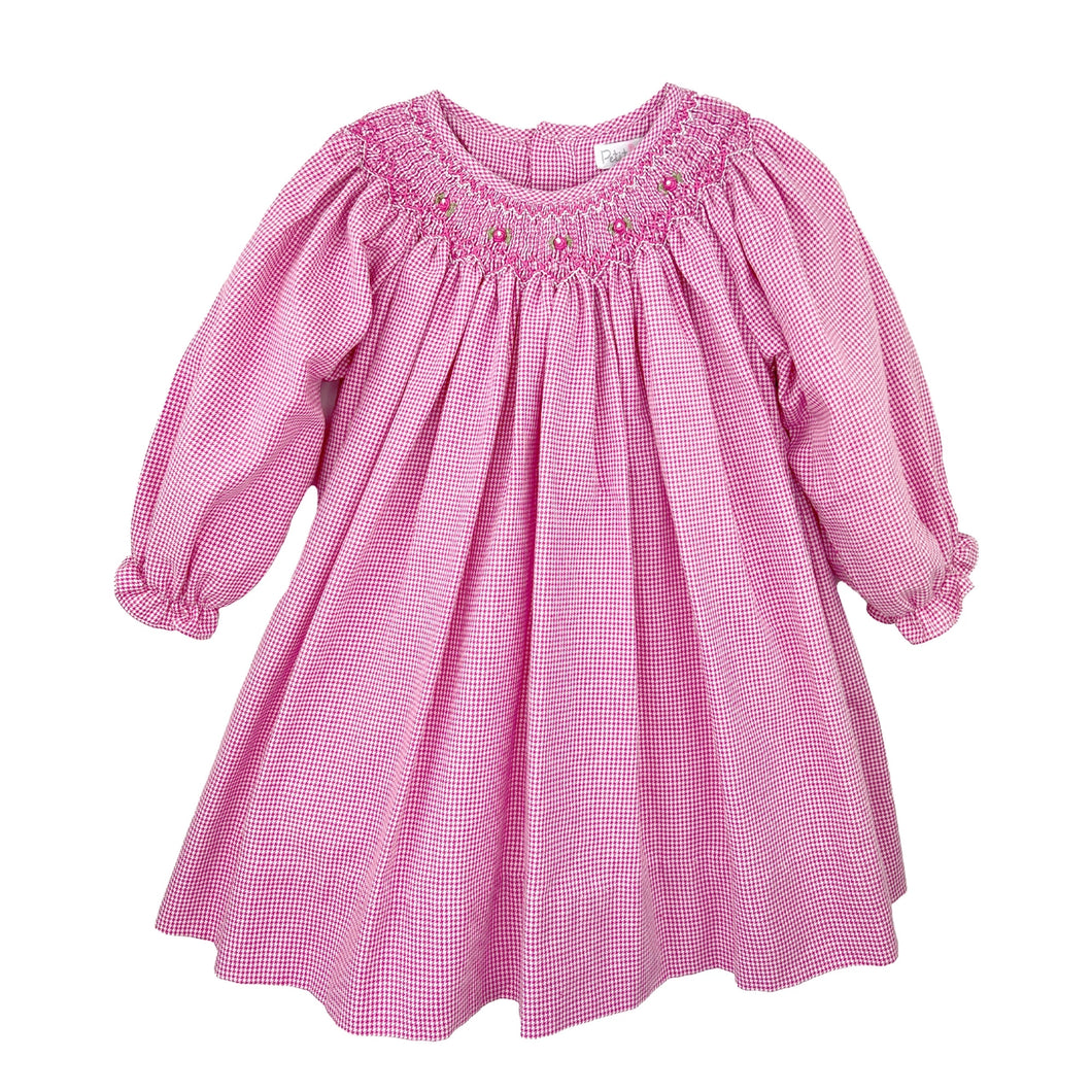 Rose Gingham Bishop Smocked Long Sleeve Dress in Rose