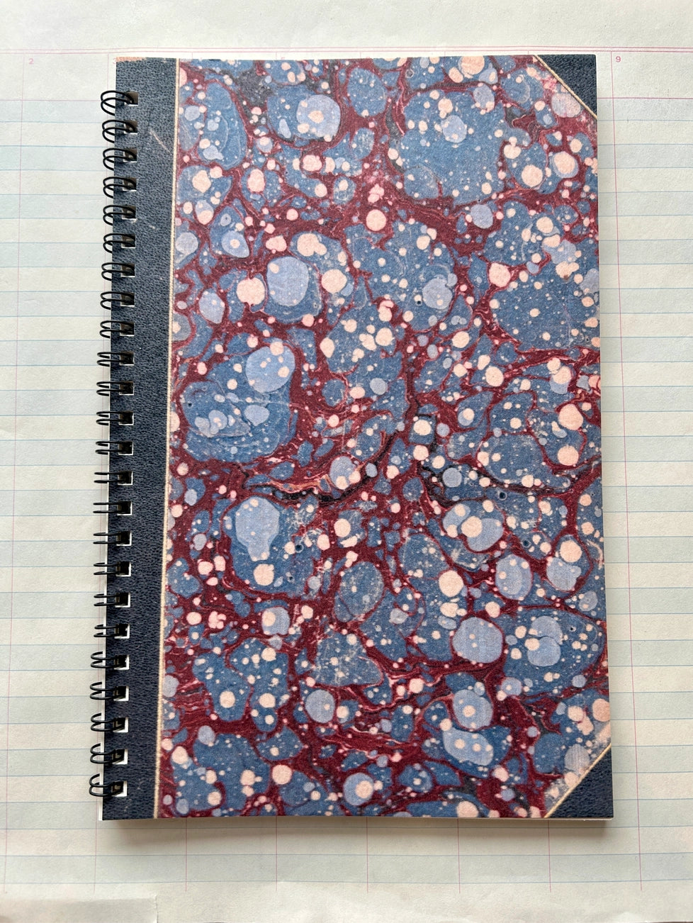 Large Antique Endpaper Notebook, Blue & Burgundy, Grid Lined