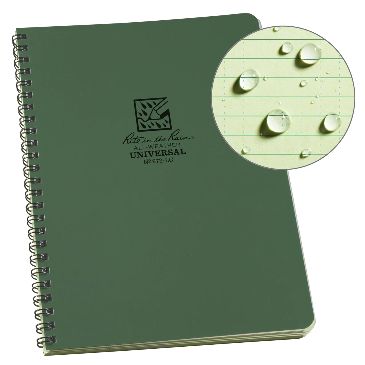 Rite in the Rain All-Weather Universal Spiral Notebook in green (No. 973-LG) with Wire-O binding, shown with a close-up inset of water droplets beading on the all-weather page