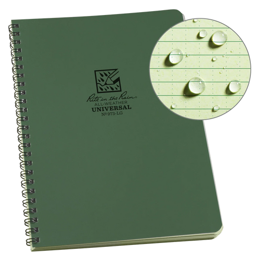 Rite in the Rain All-Weather Universal Spiral Notebook in green (No. 973-LG) with Wire-O binding, shown with a close-up inset of water droplets beading on the all-weather page