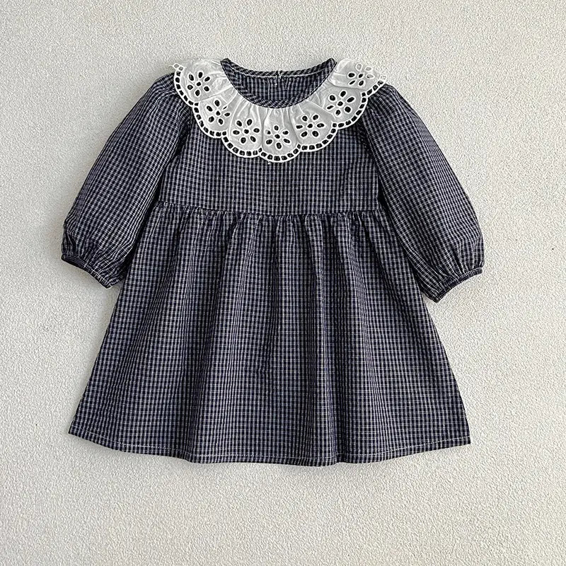 Lace Collar Puff Sleeve Grid Dress in Navy