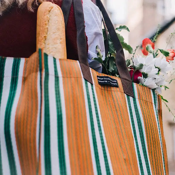 Woven Market Shopper in Spanish Orange & Grass Green