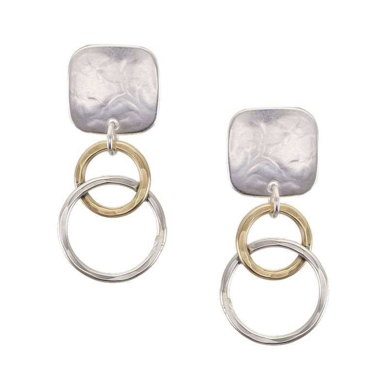Rounded Square with Small Intertwined Hammered Rings Clip or Post Earrings