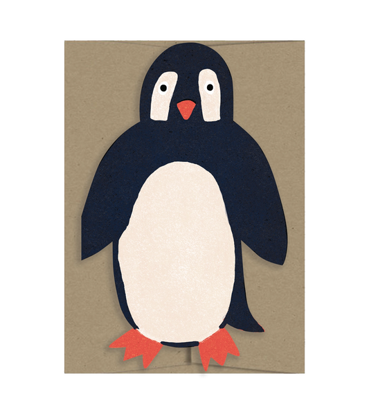 Isatopia Party Penguin Card, penguin-shaped die-cut card with a dark blue body, cream belly and face markings, and orange-red beak and feet, shown against a kraft envelope.
