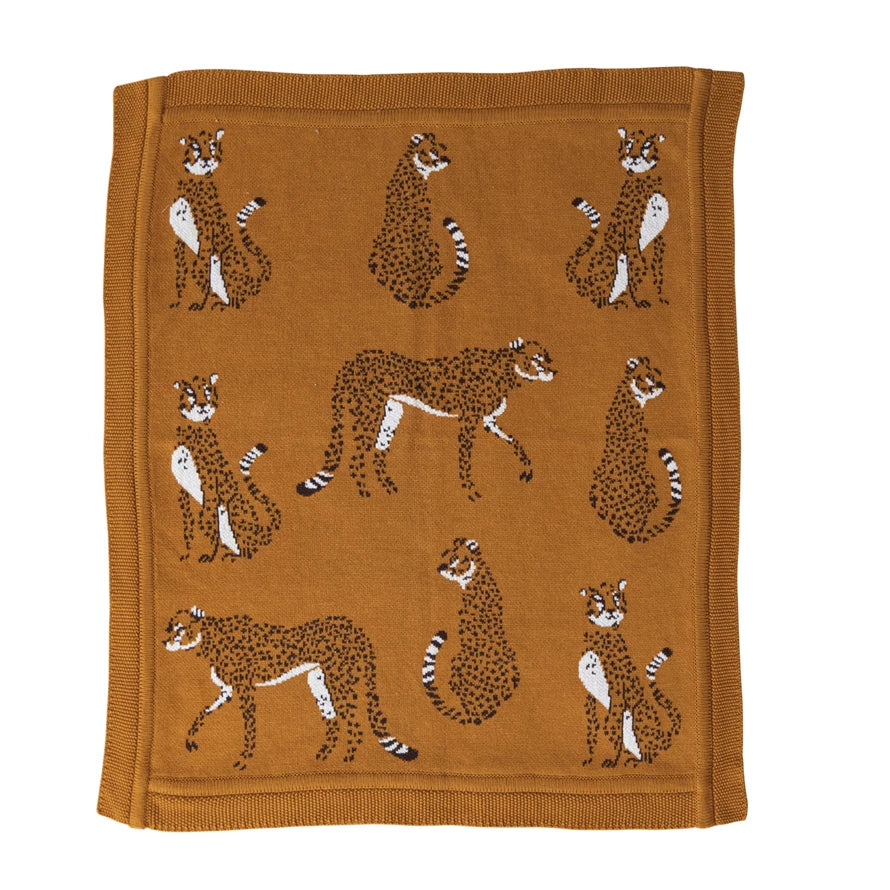 Mustard Cotton Knit Throw with Cheetahs
