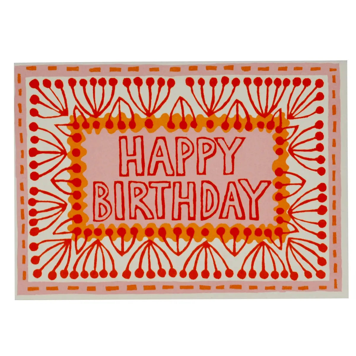 Happy Birthday written on a colorful pink and orange patterned card against a white background.