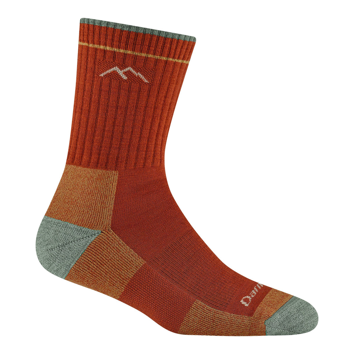 Orange hiking sock with mountain design on a white background