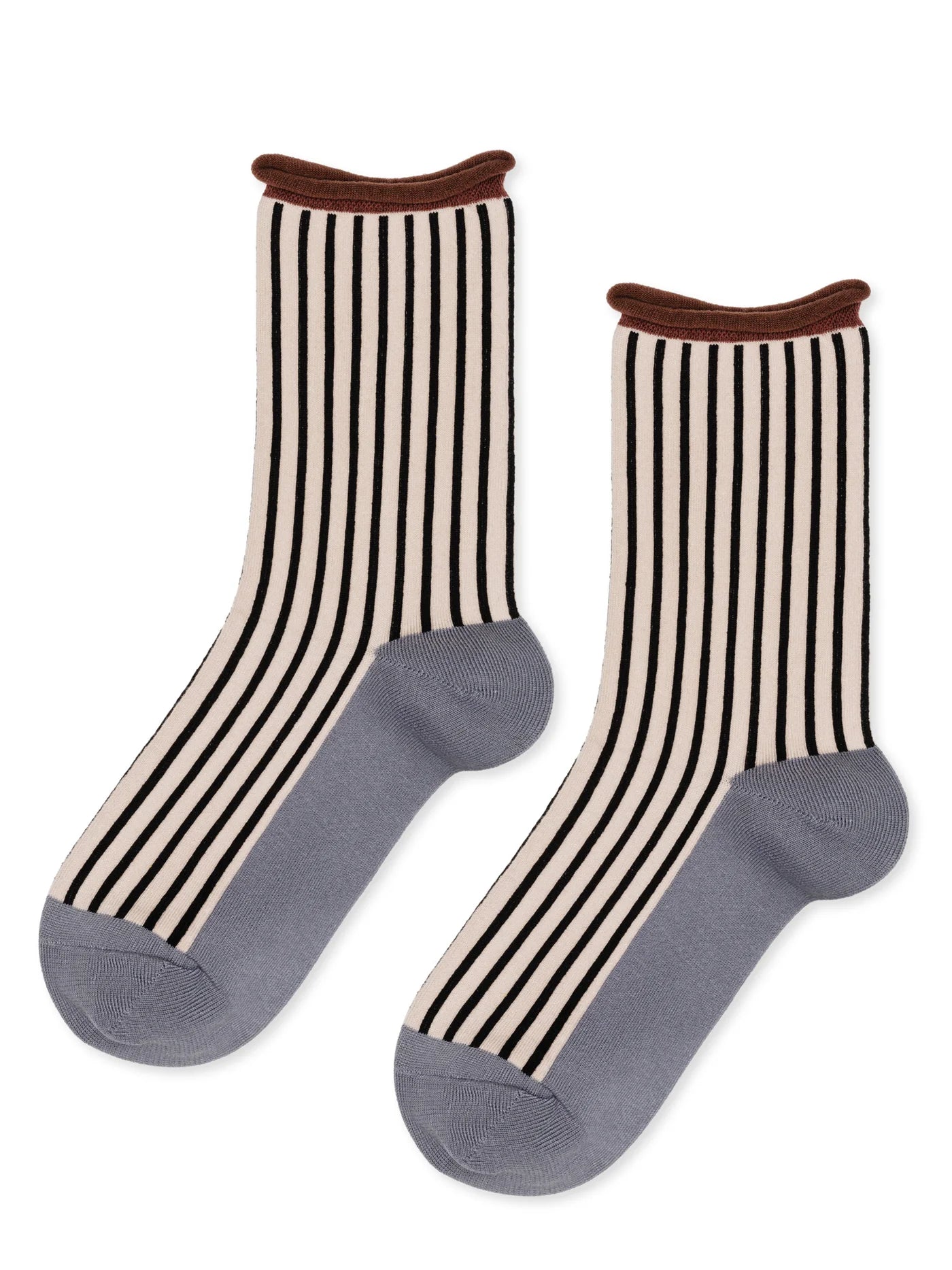 Hilda Crew socks in Pebble — black and white vertical stripe with brown rolled cuff and grey heel and toe, flat lay product shot on white background
