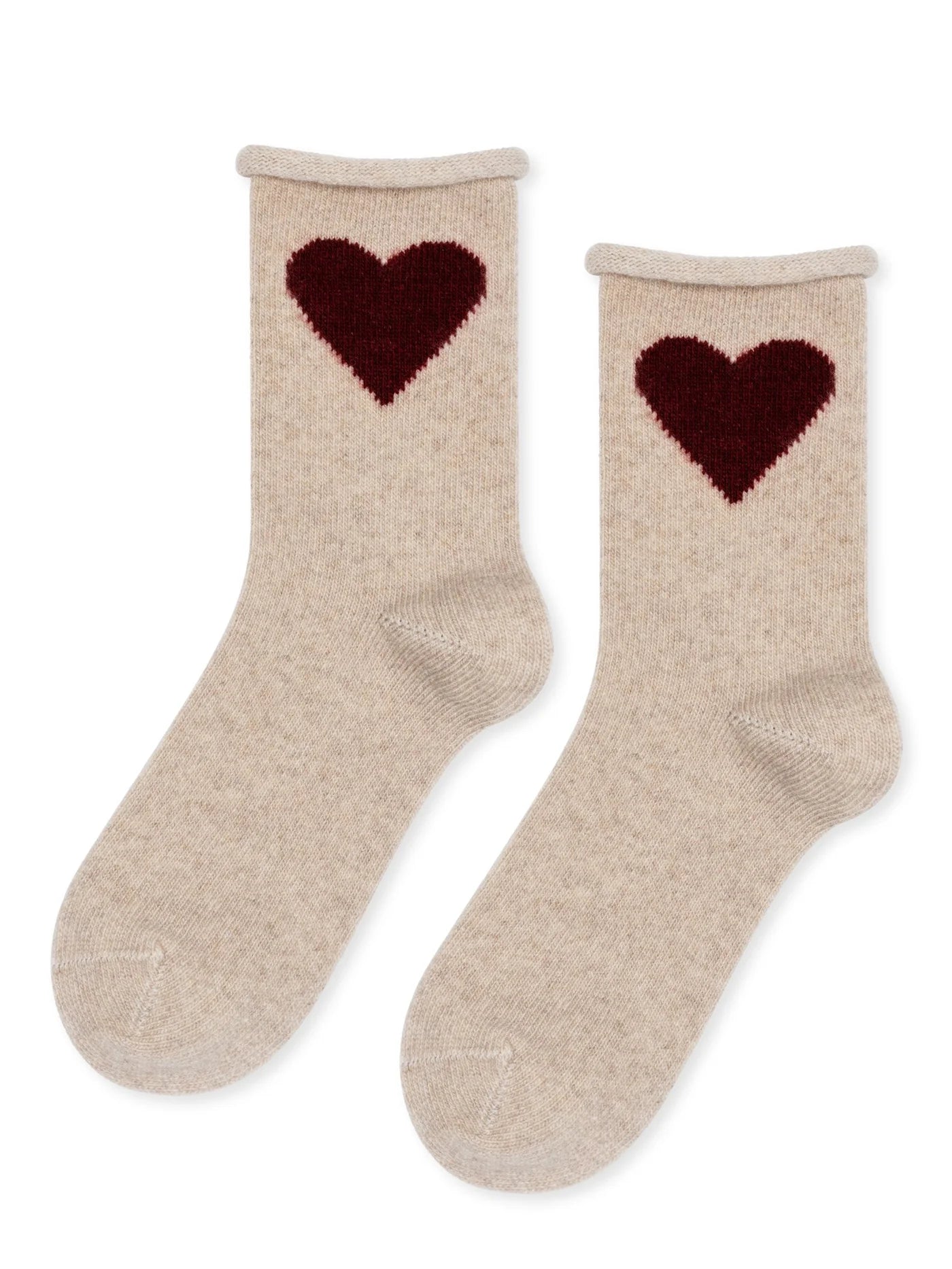 Love Cashmere Crew socks in Beige — soft beige cashmere crew with deep burgundy heart motif and roll top cuff, flat lay pair on white background
