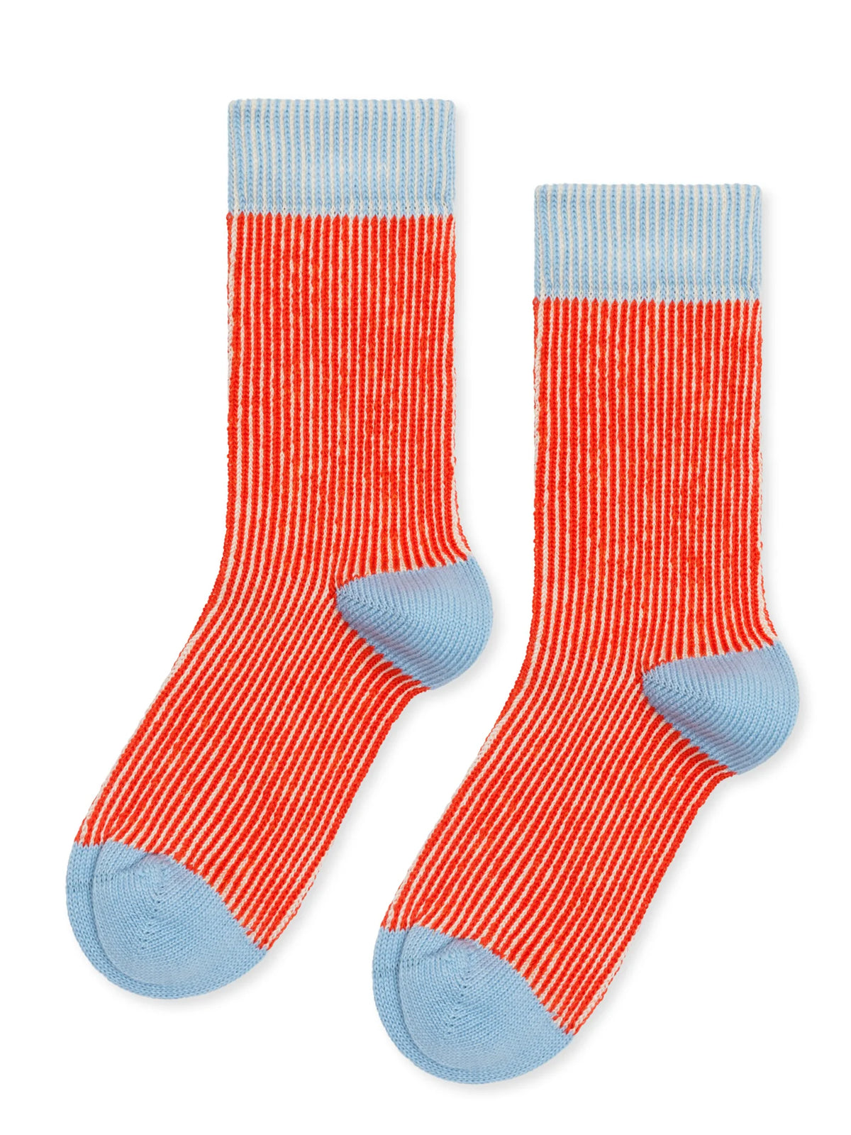 Flat lay of Umbrella Crew socks in Persimmon with red-orange and cream stripes and pale blue cuffs, heels, and toes.
