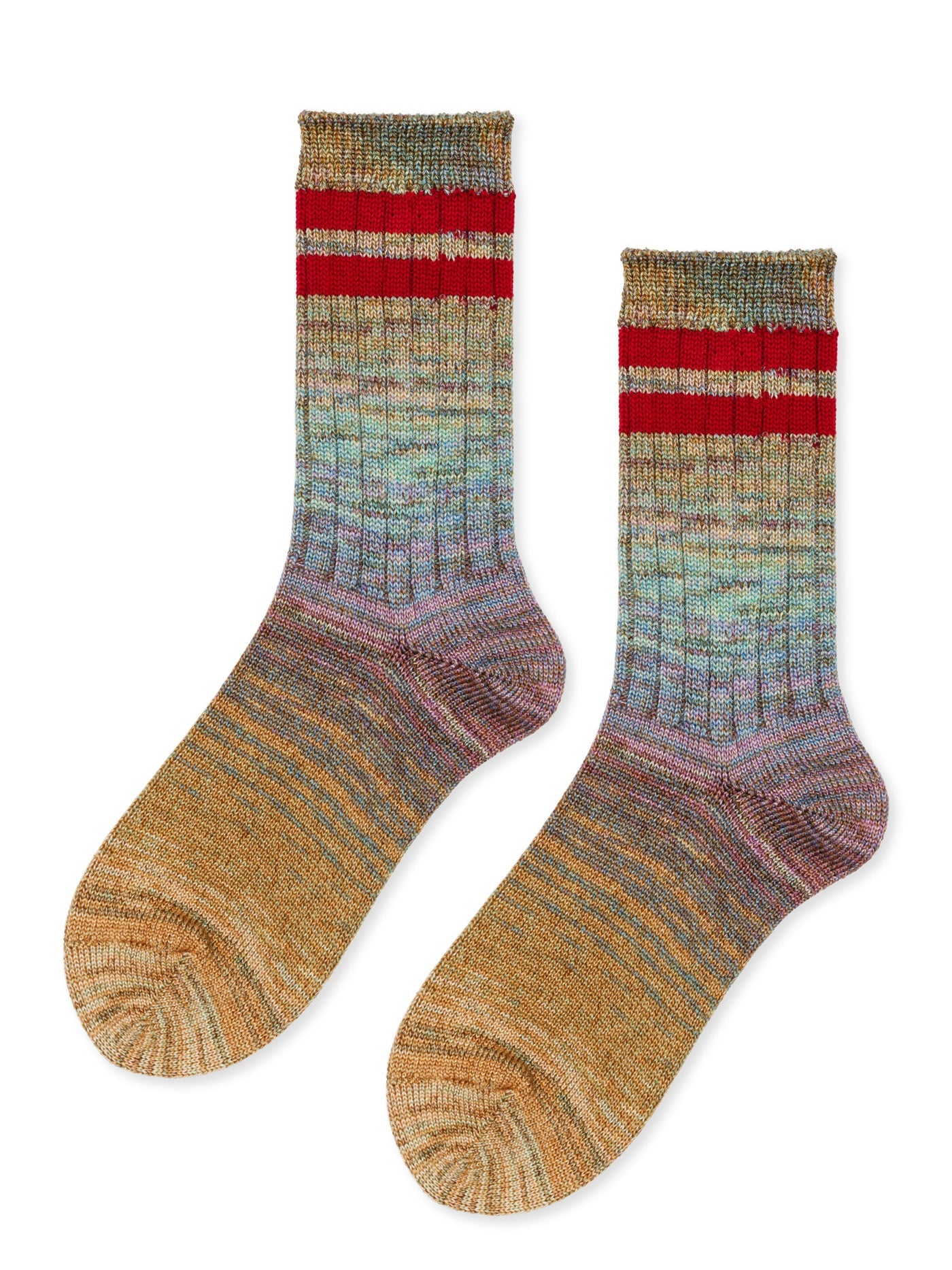 Cosmic Space Dye Varsity Crew socks in Ruby — multicolor space dye ribbed crew with bold red varsity stripes at the cuff, flat lay pair on white background
