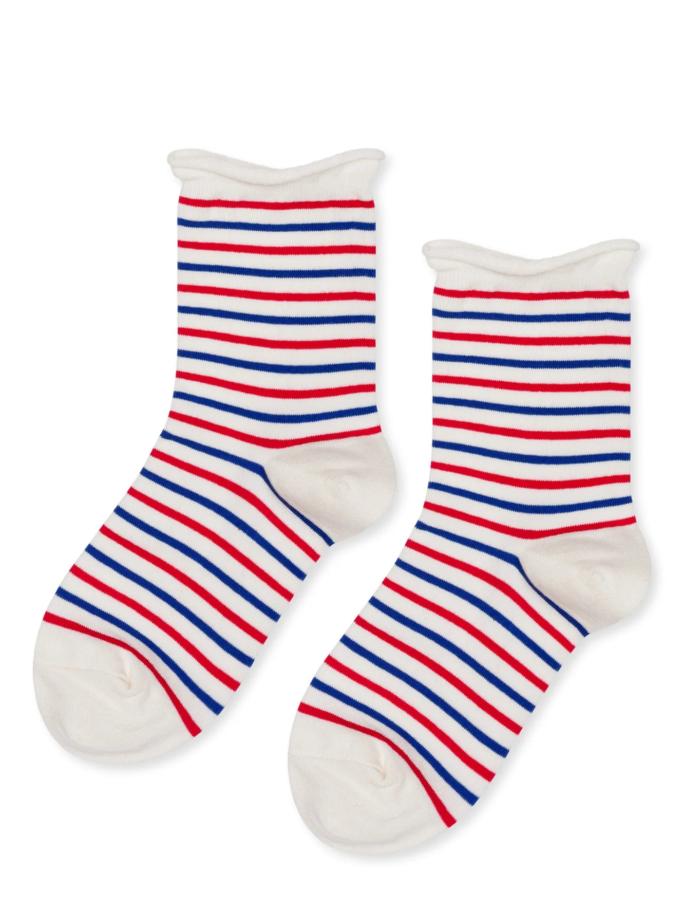 Nautical Stripe Crew socks in Bastille — cream crew with alternating red and blue horizontal stripes, rolled cuff, and cream heel and toe, flat lay product shot on white background
