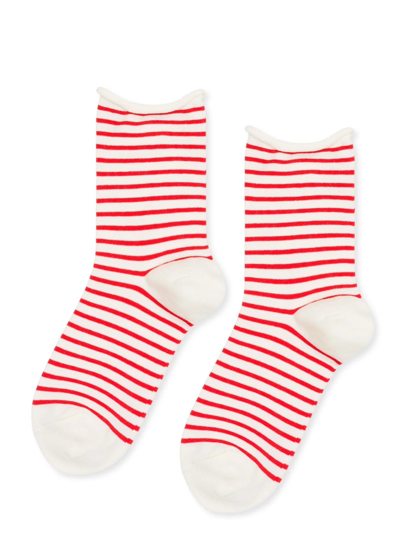 Nautical Stripe Crew socks in Pink — red and cream horizontal stripe with rolled cuff and cream heel and toe, flat lay product shot on white background
