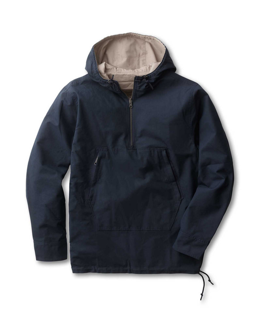 Ghost mannequin flat lay showing full front — half-zip, three-piece hood with natural lining, kangaroo pocket, drawcord hem