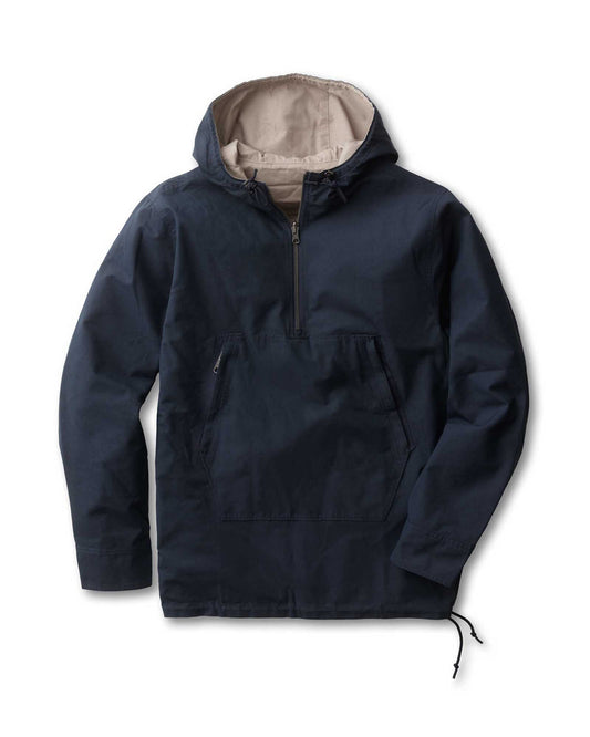 Ghost mannequin flat lay showing full front — half-zip, three-piece hood with natural lining, kangaroo pocket, drawcord hem
