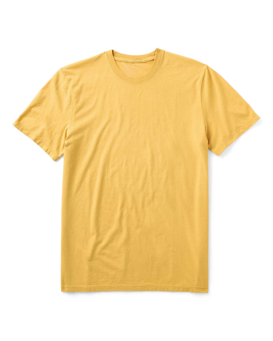 Taylor Stitch Cotton Hemp Tee in Goldfinch yellow, flat lay on white background