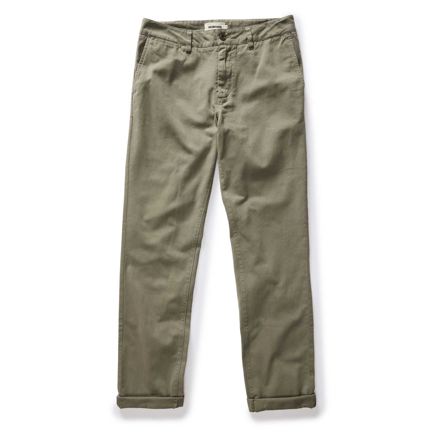 A pair of olive green chino pants with rolled cuffs, shown flat against a white background.