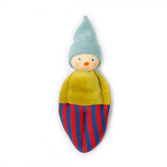 Toy figure with a blue hat, yellow body, and red and blue striped pants on a white background