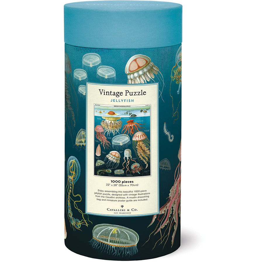 Back of the Jellyfish Vintage Puzzle tube showing the finished puzzle image, piece count, and size details.
