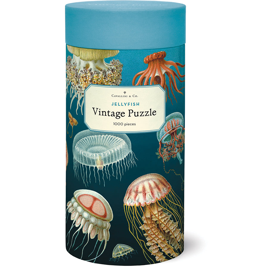 Front of the Cavallini & Co. Jellyfish Vintage Puzzle tube with a blue lid, wrapped in colorful vintage jellyfish illustrations.
