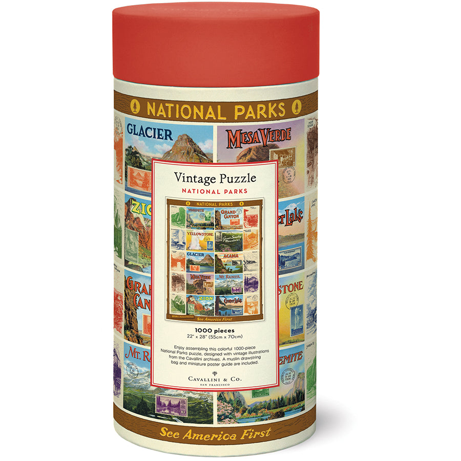 Back of the National Parks Vintage Puzzle tube showing the finished puzzle image, piece count, and size details.
