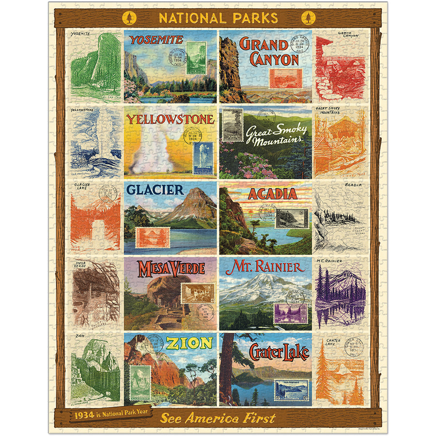 Finished puzzle image: a grid of vintage national park postcard designs with postage stamps, including Yosemite, Grand Canyon, Glacier, and Zion.
