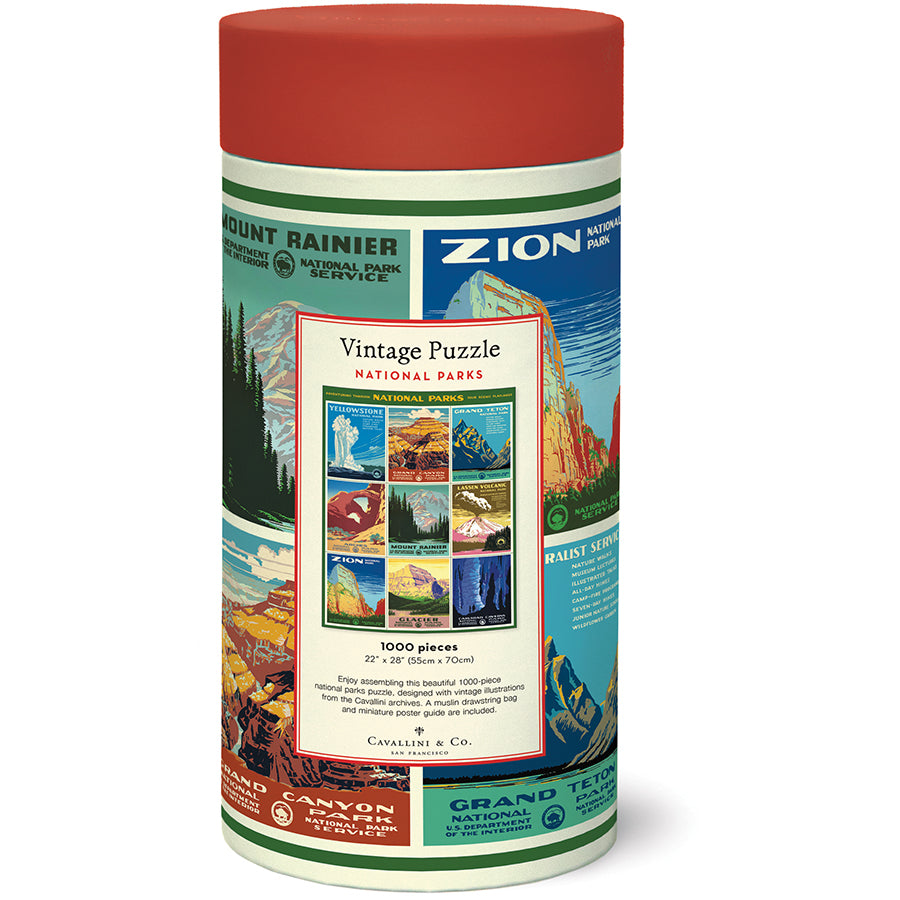 Back of the National Parks Vintage Puzzle tube showing the finished puzzle image, piece count, and size details.
