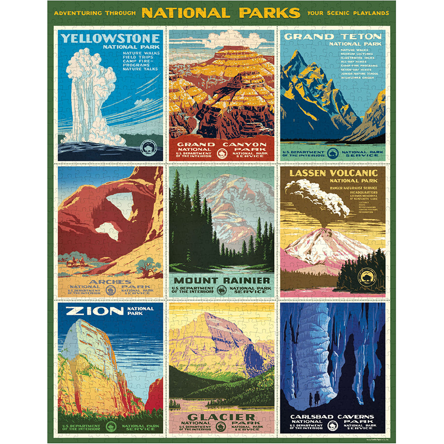Finished puzzle image: a grid of nine vintage national park posters, including Yellowstone, Grand Canyon, Zion, and Glacier.

