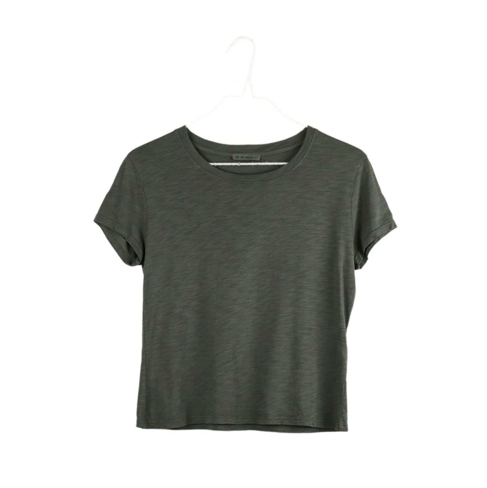 It Is Well Cropped Tee in Olive, flat hanger shot on white background showing solid olive army green lightweight slub jersey, clean crew neck, short fitted sleeves with slight cuff, and slightly cropped length in a slim petite fit
