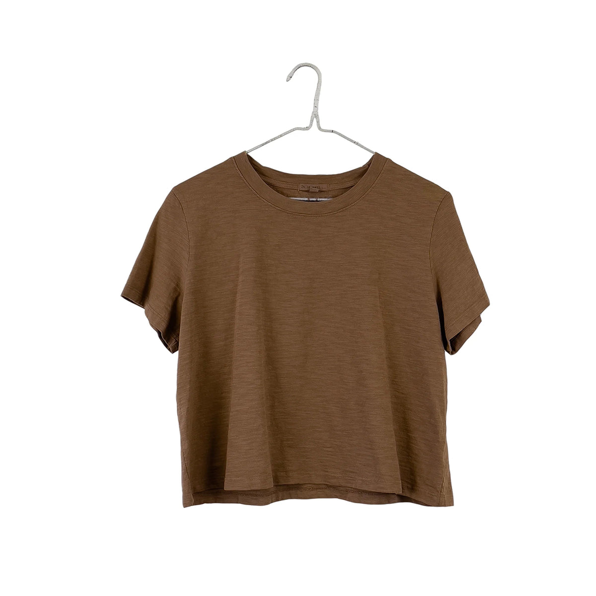Acorn-brown boxy cropped T-shirt with a round neckline and short sleeves, shown from the front on a hanger.
