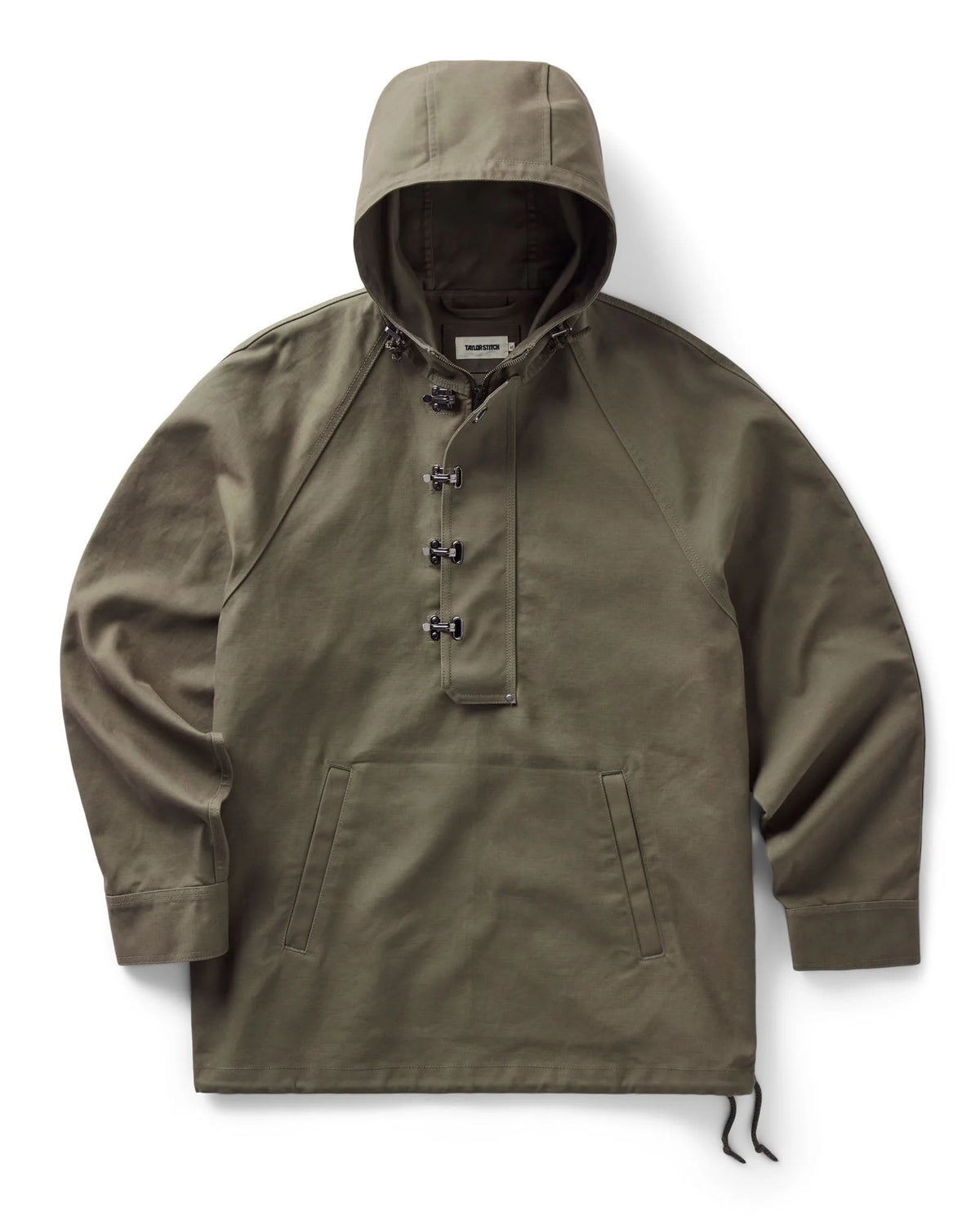 Front view of the fatigue olive Hatteras Anorak with a drawcord hood, clasp storm flap, and kangaroo pocket.
