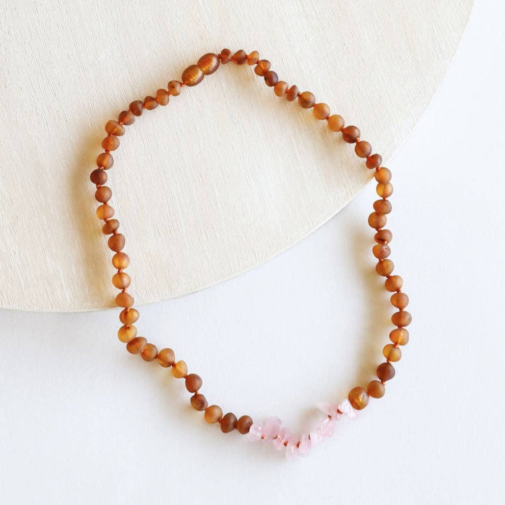 Raw Cognac Amber + Raw Rose Quartz Necklace