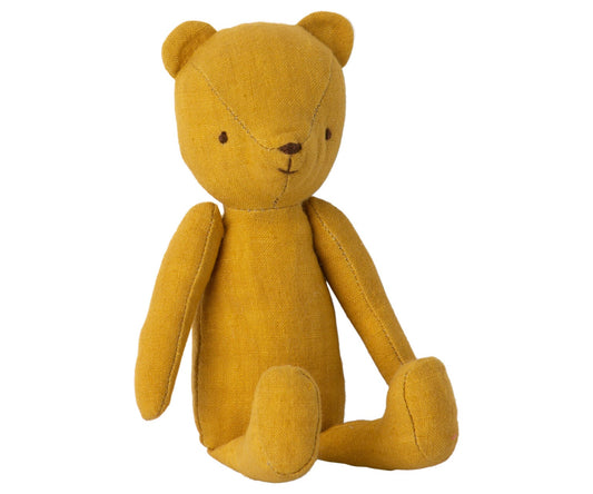  Maileg Teddy Junior stuffed bear in ochre linen, seated pose with articulated arms and legs
