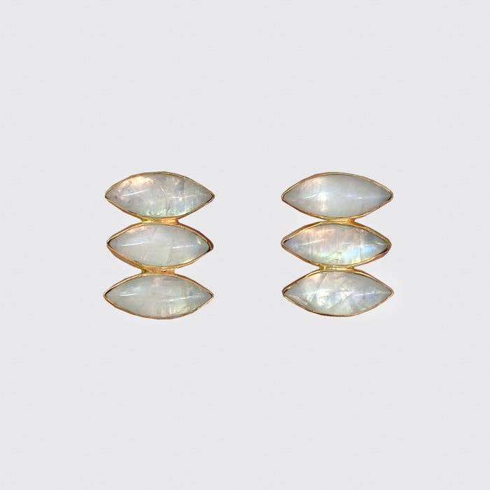 Jane Diaz | Gold Triple Marquis Cabochon Stud Earrings in Rainbow Moonstone