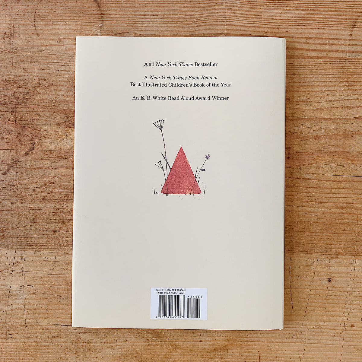 Back cover of I Want My Hat Back showing a red triangular hat nestled among wildflowers on a cream background, with accolades reading #1 New York Times Bestseller, New York Times Book Review Best Illustrated Children's Book of the Year, and E.B. White Read Aloud Award Winner
