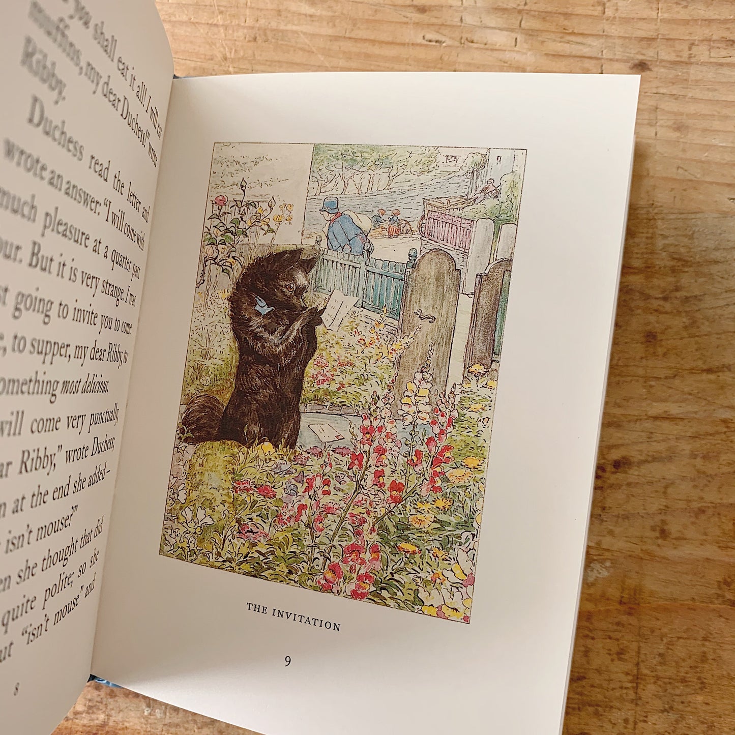 A close-up of an illustrated page inside the book of an animal in a garden, shown with a wooden background