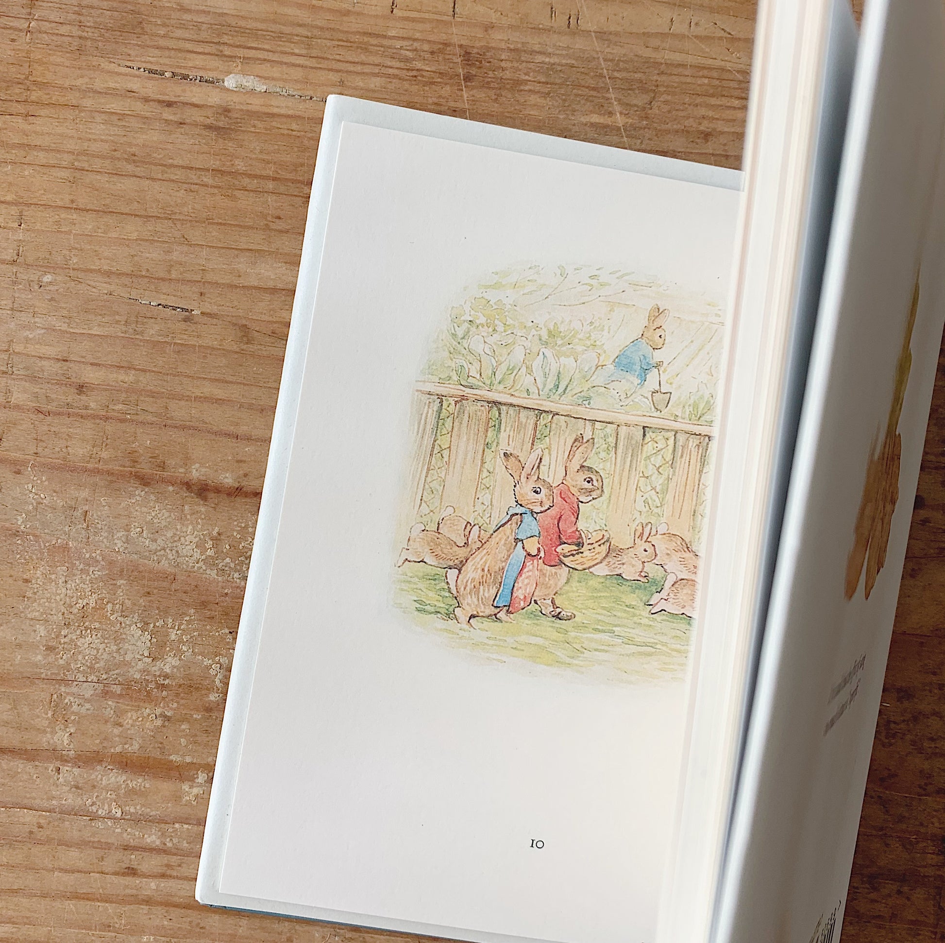 The book 'The tale of flopsy bunnies' shown open displaying a illustrated page inside with a wooden background