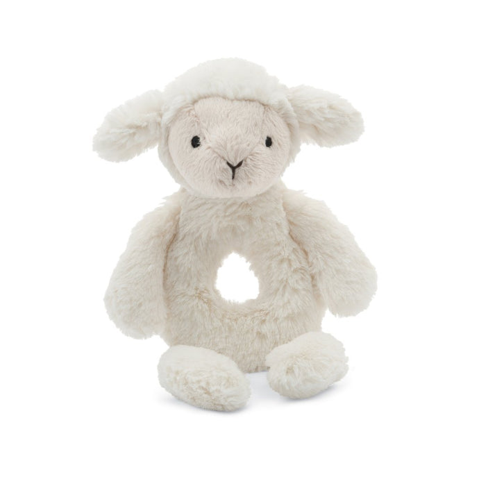soft lamb shaped rattle with hollow belly pictured against white backdrop