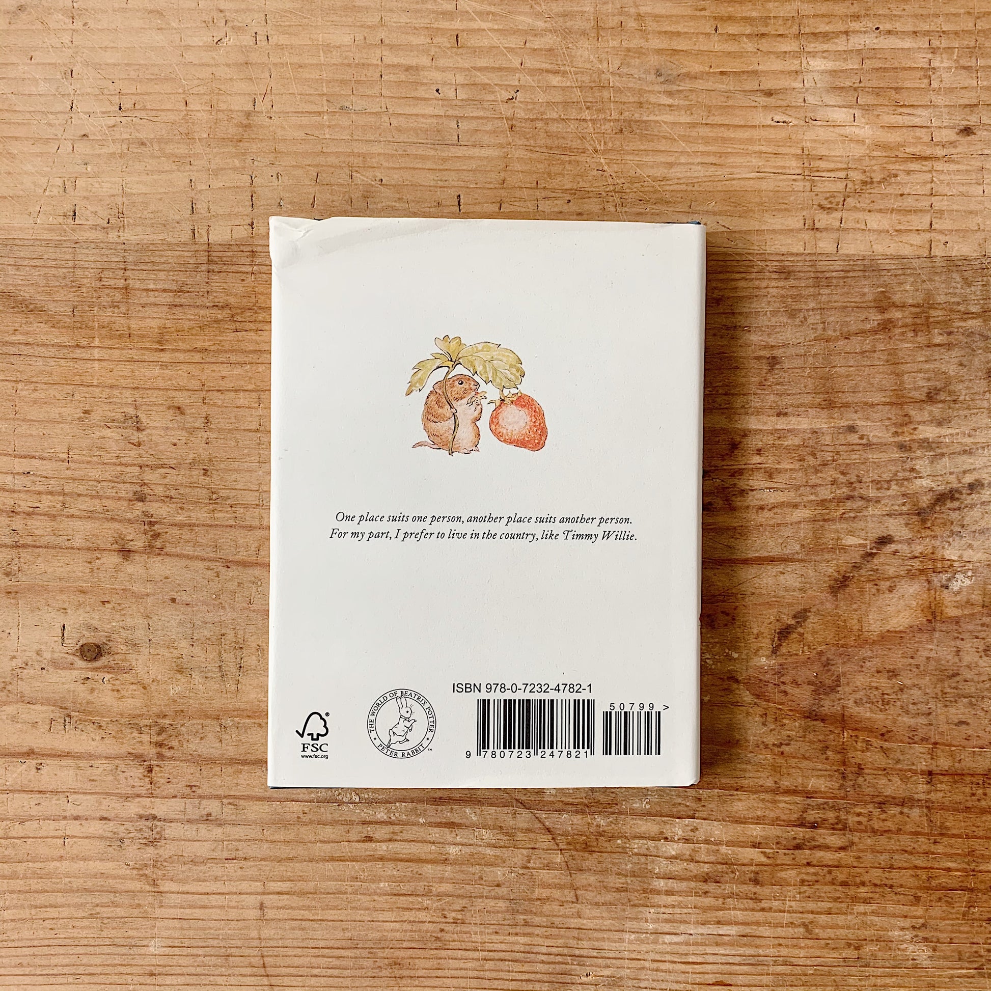 The back cover of the book showing an illustration of a mouse with a strawberry plant on wooden background
