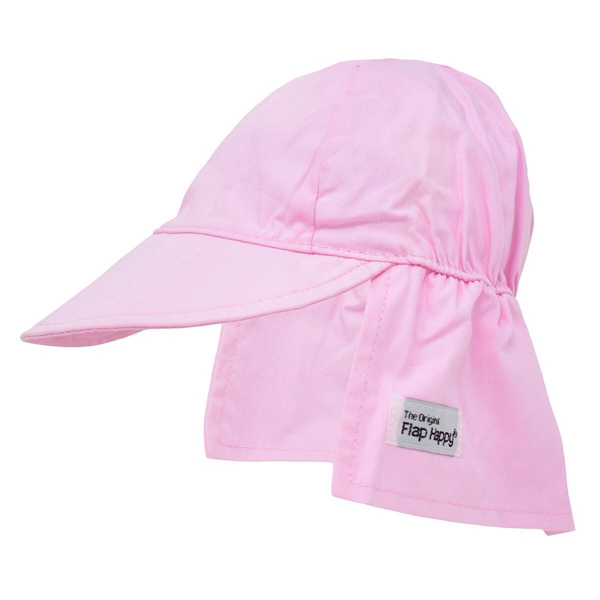 Flap Happy UPF 50+ sun hat in pastel pink with a wide brim and neck flap, featuring a white Flap Happy label, on a white background.