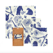 Load image into Gallery viewer, bee&#39;s wrap assorted 3 pack laydown with packaging on white background bees and bears
