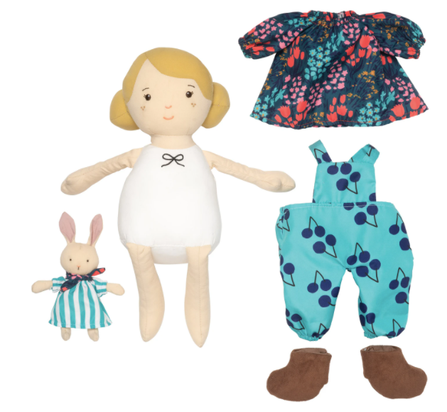 manhattan toy ollie laydown with clothes off and lying next to heron white background front view